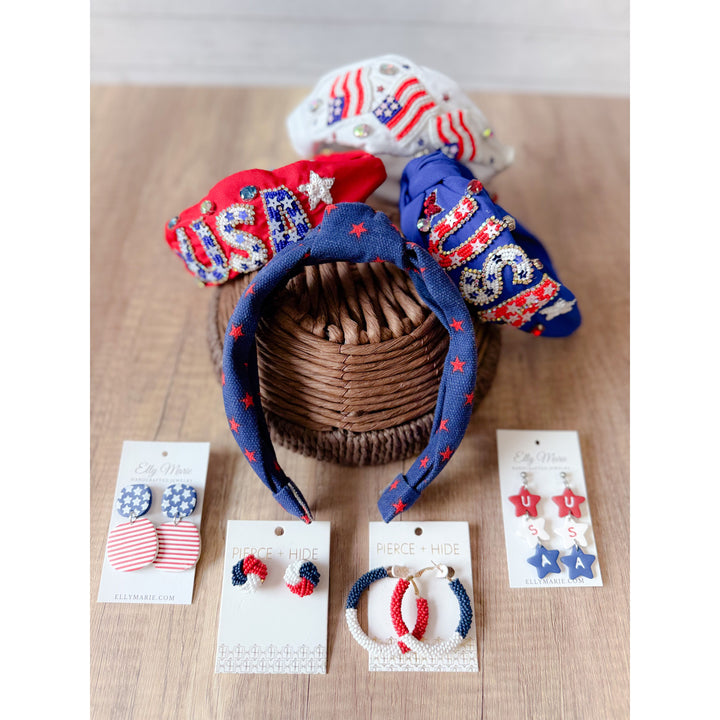 Red White & Blue Beaded Hoop Earrings
