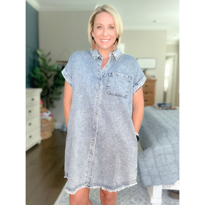 Frayed Hem Denim Shirt Dress