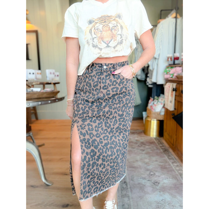 Leopard Side Slit Denim Midi Skirt