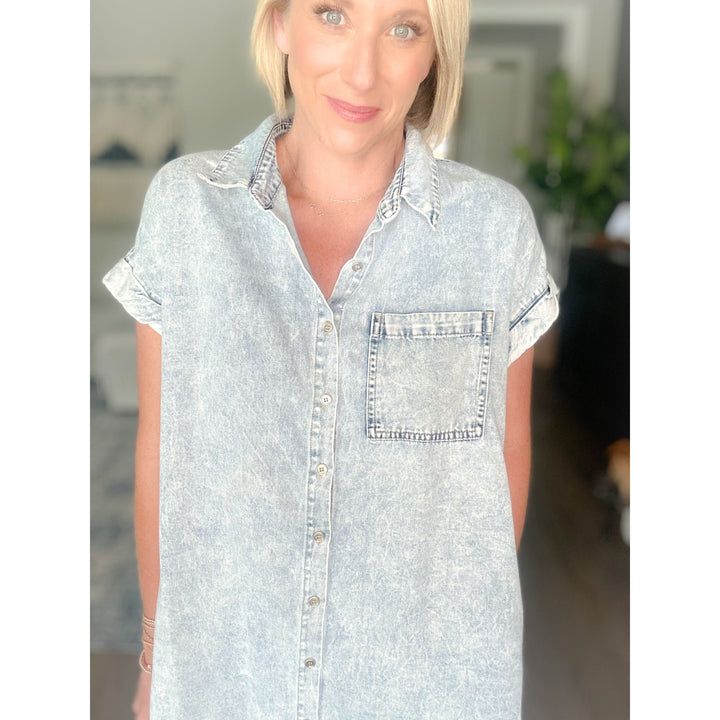 Frayed Hem Denim Shirt Dress