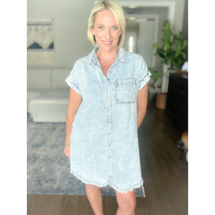 Frayed Hem Denim Shirt Dress