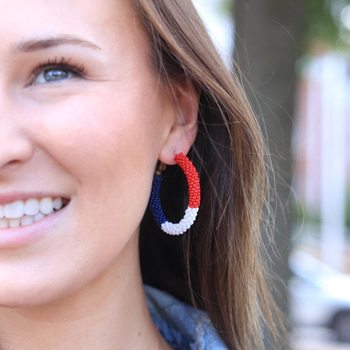 Red White & Blue Beaded Hoop Earrings